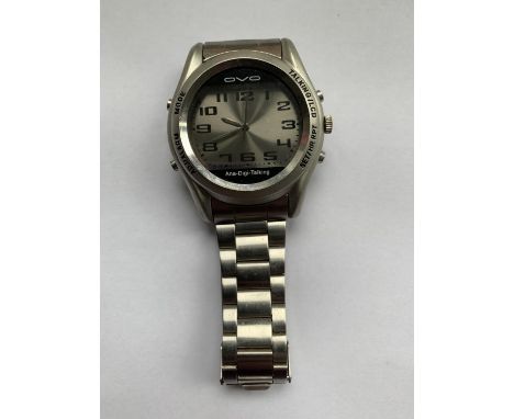 A GENTS OVO ANA-DIGI-TALKING WATCH WITH A SILVER METAL STRAP 