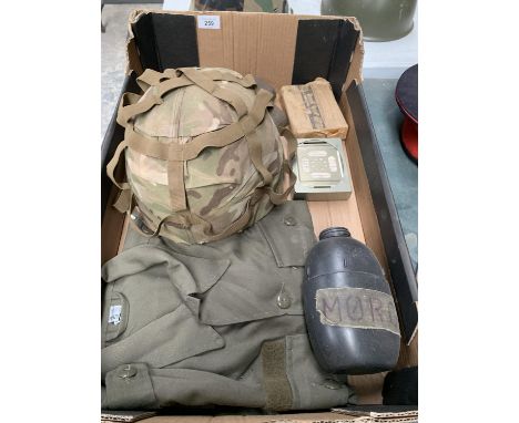 A BOX OF BRITISH ARMY HELMET, T SHIRT, BOTTLE, TROUSERS ETC 