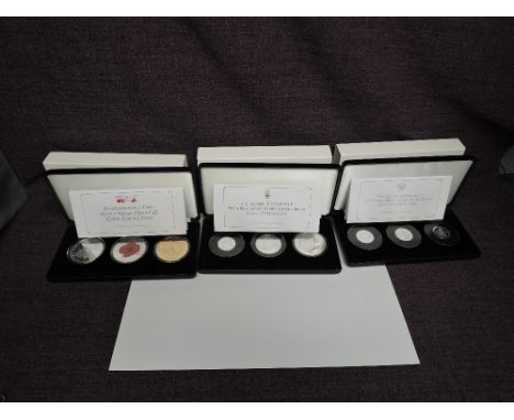 Three Jubilee Mint Tristan Da Cunha Silver Coin Sets, Elizabeth II 90th Birthday £5, £2 and £1 Set, Elizabeth II Sapphire Jub