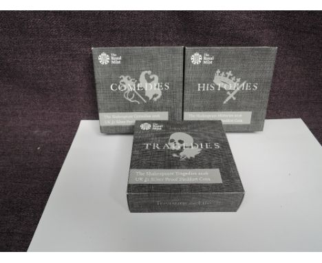 Three Royal Mint 2016 £2 Silver Proof Piedfort Coins in cases and outer card boxes, Histories, Tragedies and Comedies