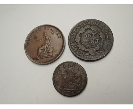Three early USA Copper Coins, 1760 Farthing Hibernian Voce Populi Farthing (USA) large letters, 1783 Washing Portrait 1 Cent,