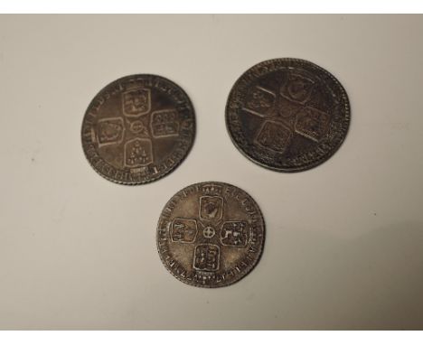 Three George II Silver Coins, 1758 Shilling, 1745 Lima and 1757 Sixpence