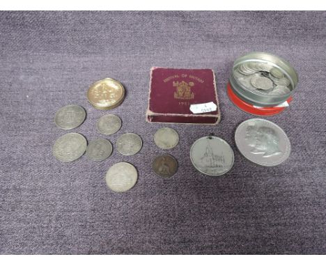 A collection of GB &amp; World Coins including Indian Silver, small tin of Silver Threepences, 1902 Preston Guild large Medal