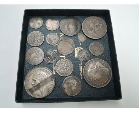 A collection of GB Silver Coins including Crowns 1935, 1893, 1820, Half Crowns 1689, Shillings 1787, 1723 x2, 1817 x2, Maundy