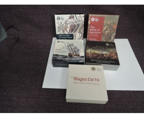 Five Royal Mint Silver Proof Coins in cases and outer card boxes, 2015 £5 200th Anniversary Battle of Waterloo, 2016 £5 600th