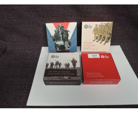 Four Royal Mint Silver Proof Coins in cases and outer card boxes, 2016 £5 100th Anniversary of the battle of the Somme, 2016 