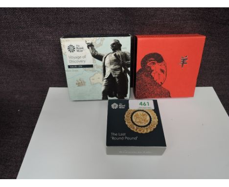 Three Royal Mint Silver Proof Coins in cases with outer card boxes, 2015 £2 1oz Lunar Year of the Sheep, 2020 £2 250th Annive