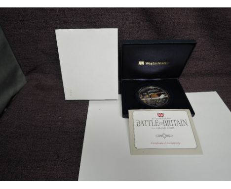 A Westminster 70th Anniversary of the Battle of Britain Five Ounce Silver Coin, Jersey, 2010, proof, 10 Pounds, L/E 450, in c