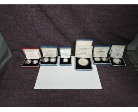 Five GB Silver Proof Coins in cases, 1990 5p Two Coin Set, 1992 10p Two Coin Set x2, 1991 £1 Coin and 1990 90th Birthday Quee