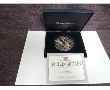 A Westminster 70th Anniversary of the Battle of Britain Five Ounce Silver Coin, Guernsey, 2010, proof, 10 Pounds, L/E 450, in