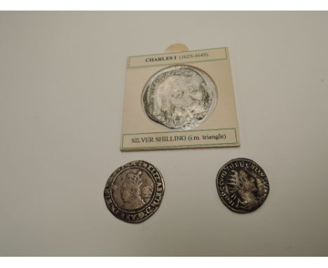 A Charles I Hammered Silver Shilling, Tower Mint, Elizabeth II 1572 Hammered Silver Sixpence along with a Roman Coin