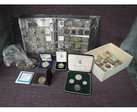 A box of Coins including a large amount of Indian Copper, 1964 Malawi Coin Set, Silver Egyptian Coin, album of World Coins an