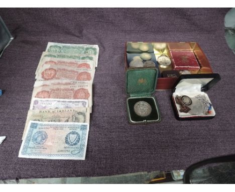 A Collection of GB Coins and Banknotes including First Decimal Coin Set, 1889 Crown, 1937 Crown other Silver coins seen, Cana