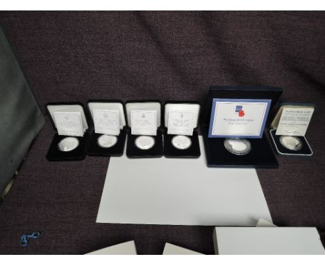 A collection of six Silver Proof Coins, Jersey 2008 £5 Poppy Coin, UK Charles &amp; Diana 1981 Crown, Elizabeth II Birthday 2