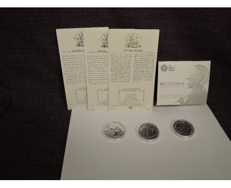 Two 2016 and one 2015 Silver 1oz Britannia's in capsules and wallets along with a Royal Mint 2015 Britannia 1oz Silver Proof 