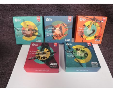 Five Royal Mint RAF Centenary 2018 UK Two Pound Silver Proof Coins, in cases with outer card boxes, F35 Lightning II, Vulcan,