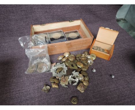 A collection of Coins and Military Buttons and Cap Badges, Coins include Silver, 1916 Australian Florin, 1890 Crown, 1889 Hal