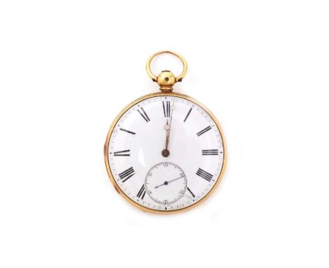 An 18ct yellow gold-cased open-faced pocket watch, the white enamel roman dial with subsidiary seconds aperture, fitted key w