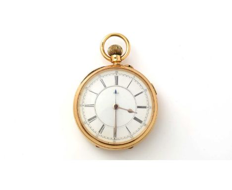 An 18ct yellow gold cased open-faced pocket watch, the white enamel roman dial with central seconds hand, fitted crown wound 