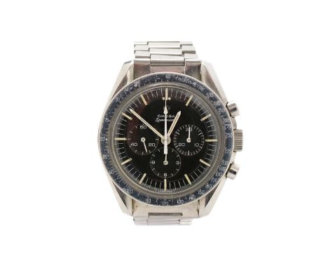 Post-Ed White Omega Speedmaster: a manual wind chronograph wristwatch, ref S 105 012-64, circa 1964, the black baton dial wit