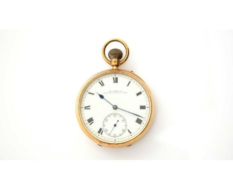 Reid &amp; Sons, Newcastle upon Tyne: an 18ct yellow gold-cased open-faced pocket watch, the white enamel signed roman dial w