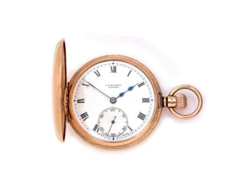J.W. Benson: a 9ct yellow gold-cased half-hunter pocket watch, the signed white enamel roman dial with subsidiary seconds dia