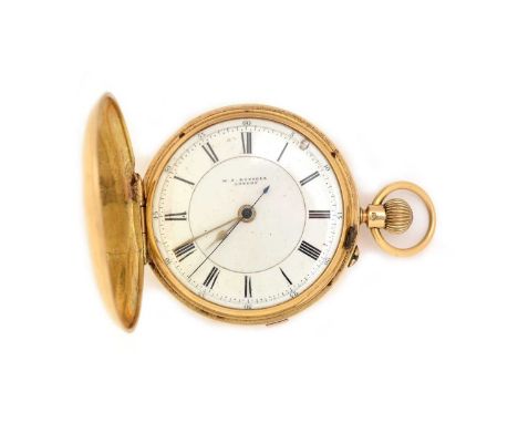 M.J. Russell, London: an 18ct yellow gold-cased hunter pocket watch, the signed white enamel roman dial with arabic outer sec