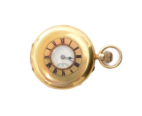 An 18ct yellow gold cased half-hunter pocket watch, the white enamel roman dial with subsidiary seconds dial, fitted crown wo