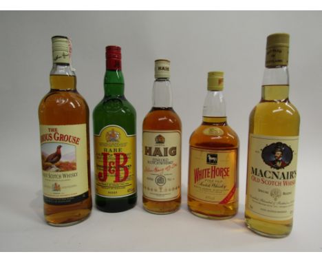 Five bottles of Scotch Whisky, The Famous Grouse 1ltr, J&amp;B Blended, 1ltr, Haig 75cl, White Horse 1ltr, Macnairs, 75cl (5)