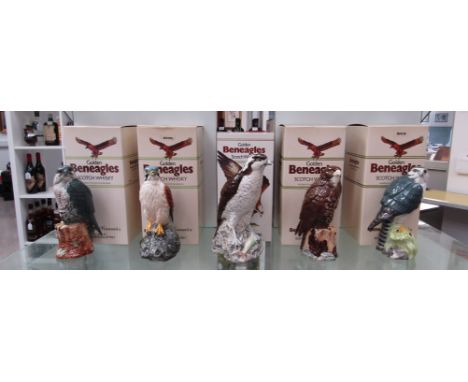 Five Golden Beneagles Scotch Whisky decanters, British Birds of Prey, Peregrine, Kestrel, Buzzard, Merlin and an Osprey, all 