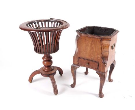 A George I walnut pedestal wine cooler of canted square section, with metal liner 'Bat' swing handles and cabriole supports, 