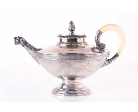 An early 20th century (Sterling) German silver teapot. Of classical pedestal urn form with ivory handle and hinged cover and 