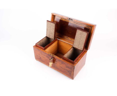 A good early 19th-century burr yew and inlaid tea caddy, of plain rectangular form on bun feet, the interior with conforming 