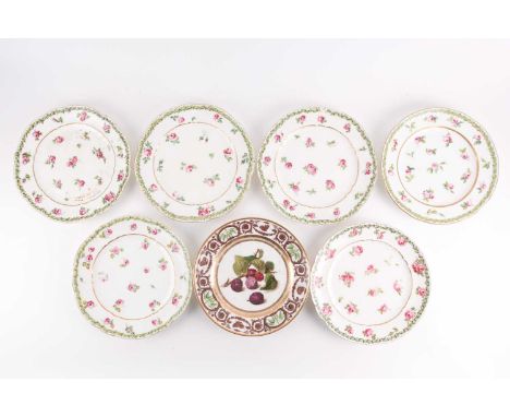 A set of six 18th century Sevres porcelain cabinet plates, with hand-painted rose decoration, within a garland border, 25 cm 