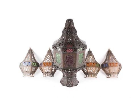 A Middle Eastern brass and coloured-glass Mosque lamp, of octagonal form, for floor or hanging use, 56 cm high, together with