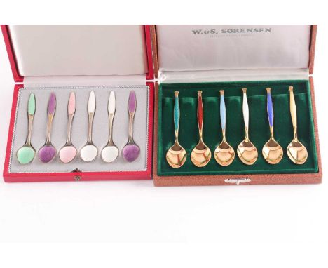 A set of six silver gilt and guilloché enamel teaspoons, by W &amp; S Sorensen of Denmark, in original box, together with a s