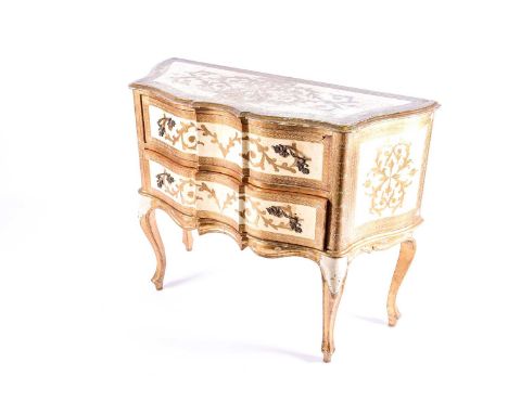 An Italian 18th-century style lacquer and parcel-gilt serpentine two-drawer commode. Supported on cabriole legs with moulded 