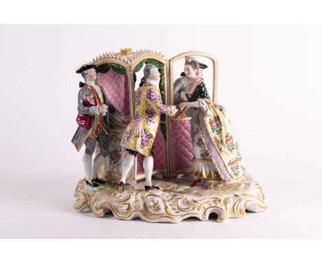 A large Continental porcelain figure group, late 19th or early 20th century, with a lady being assisted in entering a litter,
