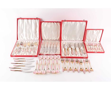 A suit of Frigast Denmark silver-gilt and pink guilloché enamel flatware, six place setting, comprising assorted knives, fork