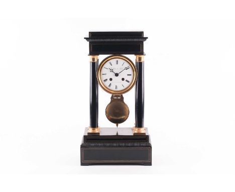 A French portico mantel clock by C. Detouche of Paris, in the Empire style with ebonised wood and brass frame, the enamel dia