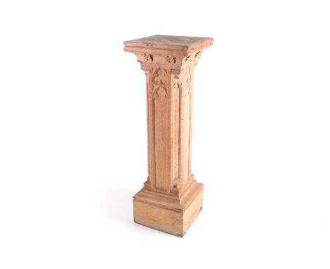 A Victorian Gothic limed oak architectural pedestal, with lancet arches and trefoil tracery on a deep skirting plinth. 42 cm 