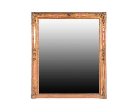 A 19th century carved wood and gilt gesso rectangular wall mirror, with floral detail in high relief. 128 cm wide x 112 cm wi