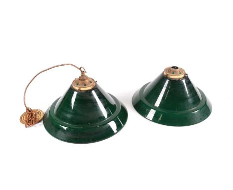 A pair of Edwardian style conical green and white glass pendant light shades. With brassed galleries. 34.5 diameter x 27 cm h
