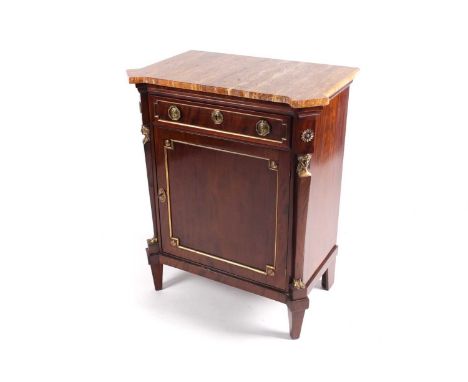 A 19th century French Empire marble-topped mahogany commode, with a single frieze drawer over a cupboard flanked by a pair of