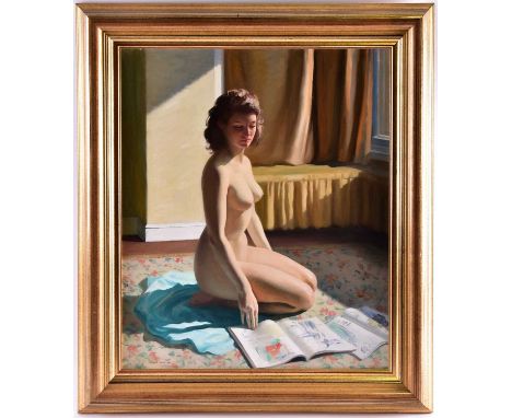 Frank Jameson (1899-1968), 'The Magazine', a portrait of a kneeling female nude, oil on canvas, signed to lower left corner, 