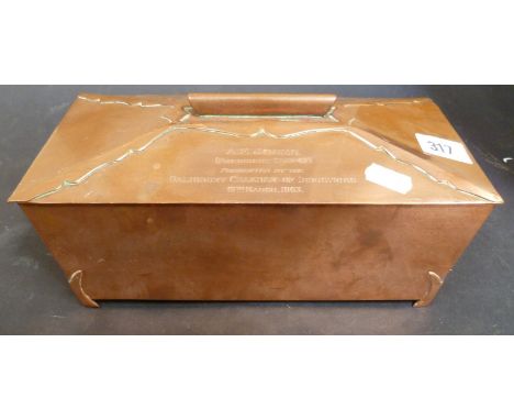 Arts and Crafts copper cigarette box of caddy form, the cedar lined interior with lift out tray, the lid with later 1960's in