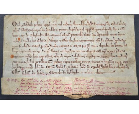 Interesting medieval Indenture granting land in Caton, Lancashire to Cockersand Abbey, and named witnesses including John De 