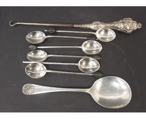 Victorian silver button hook, silver jam spoon and a set of six plated coffee bean spoons.