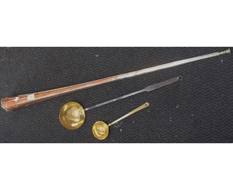 19th Century copper and white metal coach horn, indistinct inscription, length 39" together with a large brass copper and iro