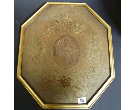 George III silk stitch panel decorated with an oval reserve of a classically draped maiden seated playing the harp within a f